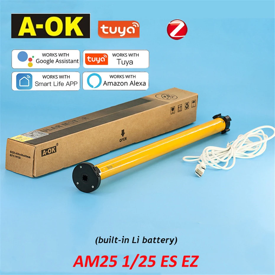 A-OK AM25 Tuya Zigbee สมาร์ท RF433 Tubular ผ้าม่านมอเตอร์ DC Roller ชัตเตอร์ตาบอด Li แบตเตอรี่มอเตอร์สำหรับ38มม.Alexa Google Home 1