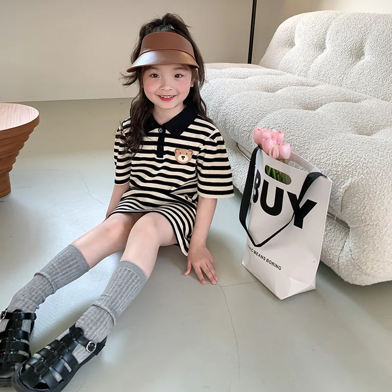 

2023 Summer Girls Cute Bear Stripe Short Sleeve Dress
