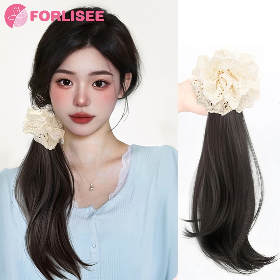 

FORLISEE Wig Ponytail Female New Chinese Style Bow Half-tied Slightly Curly Low Ponytail Side Grip Ponytail Wig