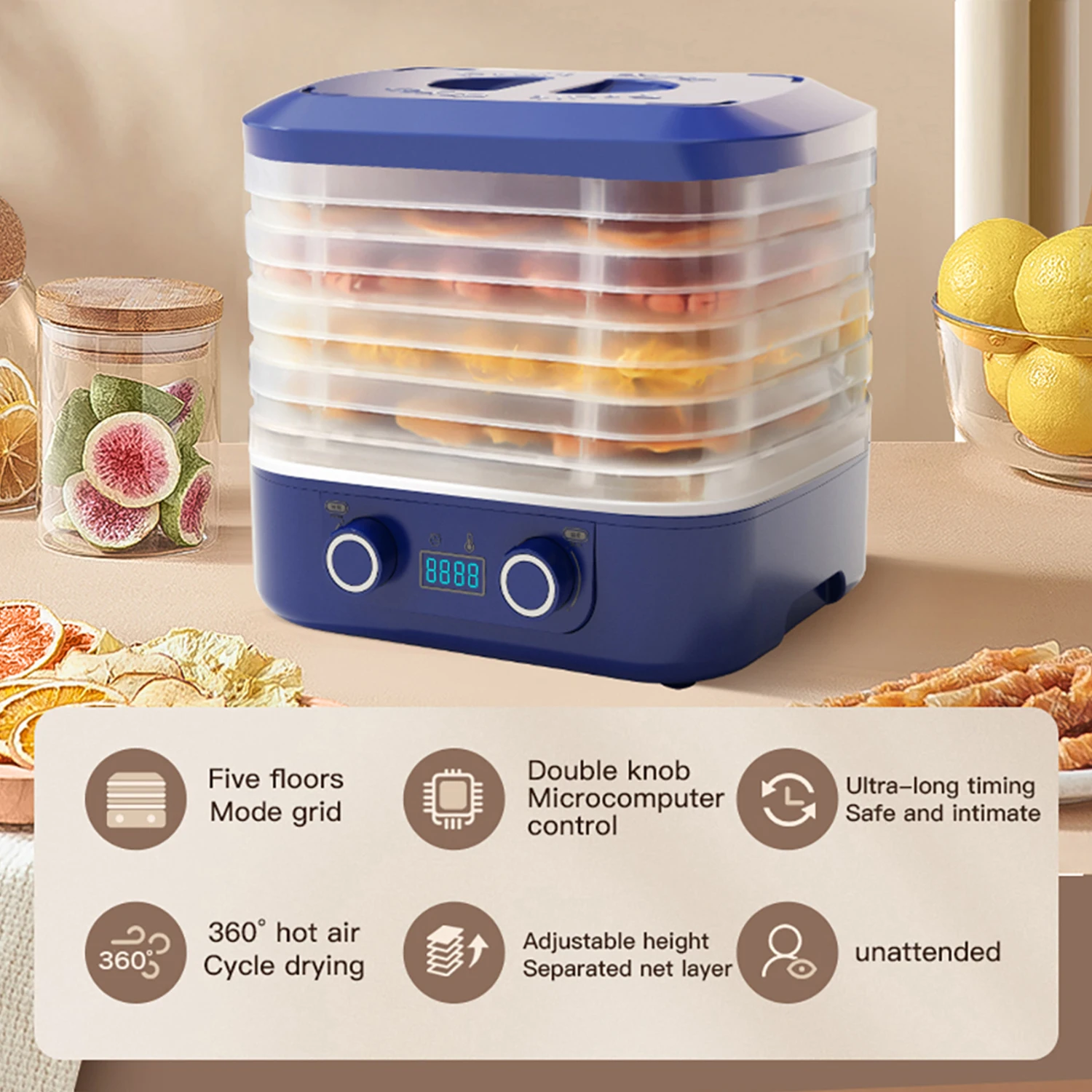 Food Dryer Fruit Vegetable Air Dryer Meat Dehydrated Dried Fruit Machine Smart Timed 5 Layers Adjustable Trays DIY Baking Tools fruit dryer