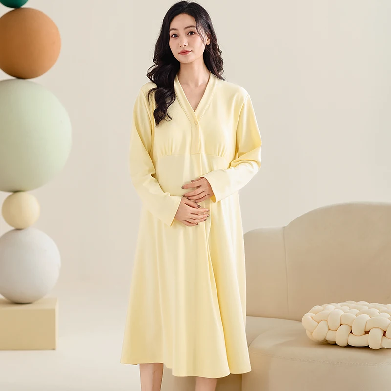 Nursing-Friendly Pajamas Solid Color Cotton Nursing Dresses Nightgown with Pads Long Sleeve Maternity Nightwear Pyjamas Hospital cotton pajama set breastfeeding nightgown maternity nightgown set