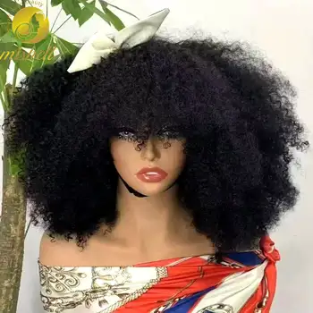 350% Density Natural Afro Kinky Curly Human Hair Wigs with Bangs 14in Full Machine Made Afro Curly Brazilian Hair Wigs for Women
