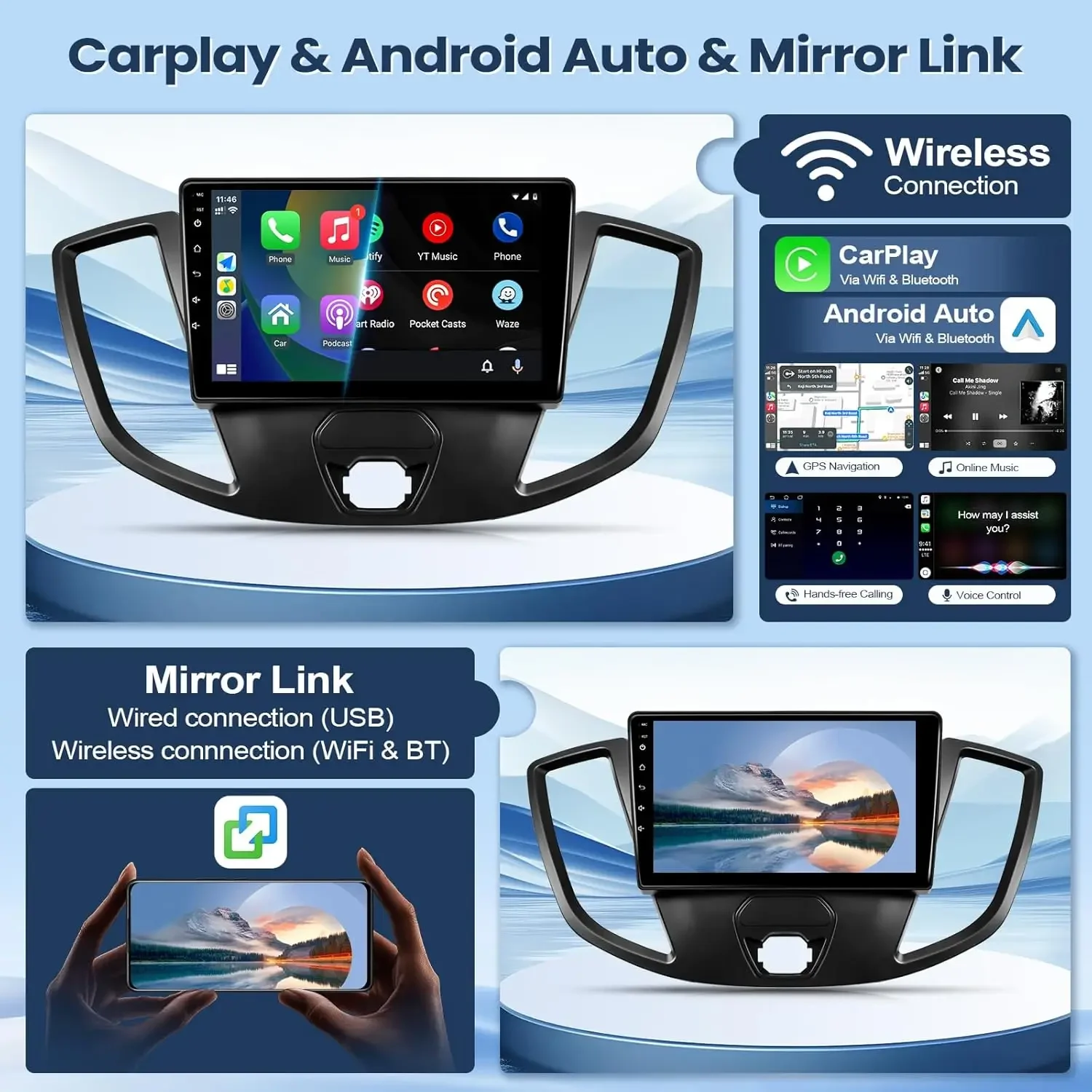 Car Stereo Radio CarPlay GPS Navigation Player Compatible For Ford Transit Custom 2013-2019 9.7Inch Android 13