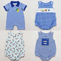 Boutique Baby Infant Boys Rompers Fishing Blue Stripes Short Sleeve Summer Baby Rompers Cute Toddler Boys Rompers Jumpsuit Sets 1