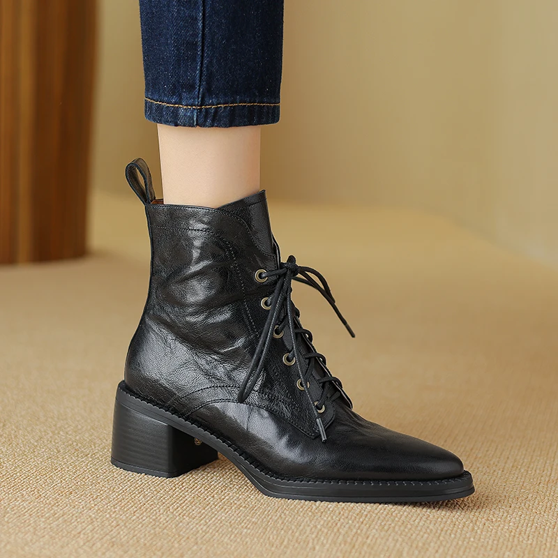 2024 Women Ankle Boots Handmade Luxury Genuine Leather High Heel Laces ...