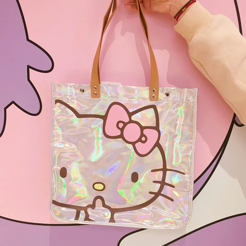 

Сумка на плечо с рисунком Hello Kitty Женская, блестящая вместительная саквояж с лазерным принтом аниме, Пляжная Сумочка-Желе, Подарочный мешок для покупок