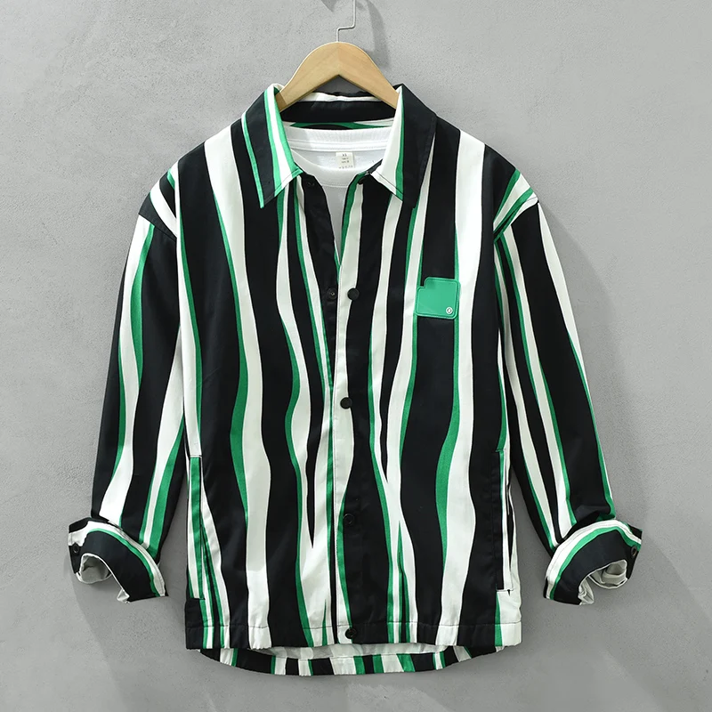 

Green Striped Shirts for Men Casual Long Sleeve Tops 2023 New Male Pure Cotton Turn-down Collar Button Up Shirt Clothing