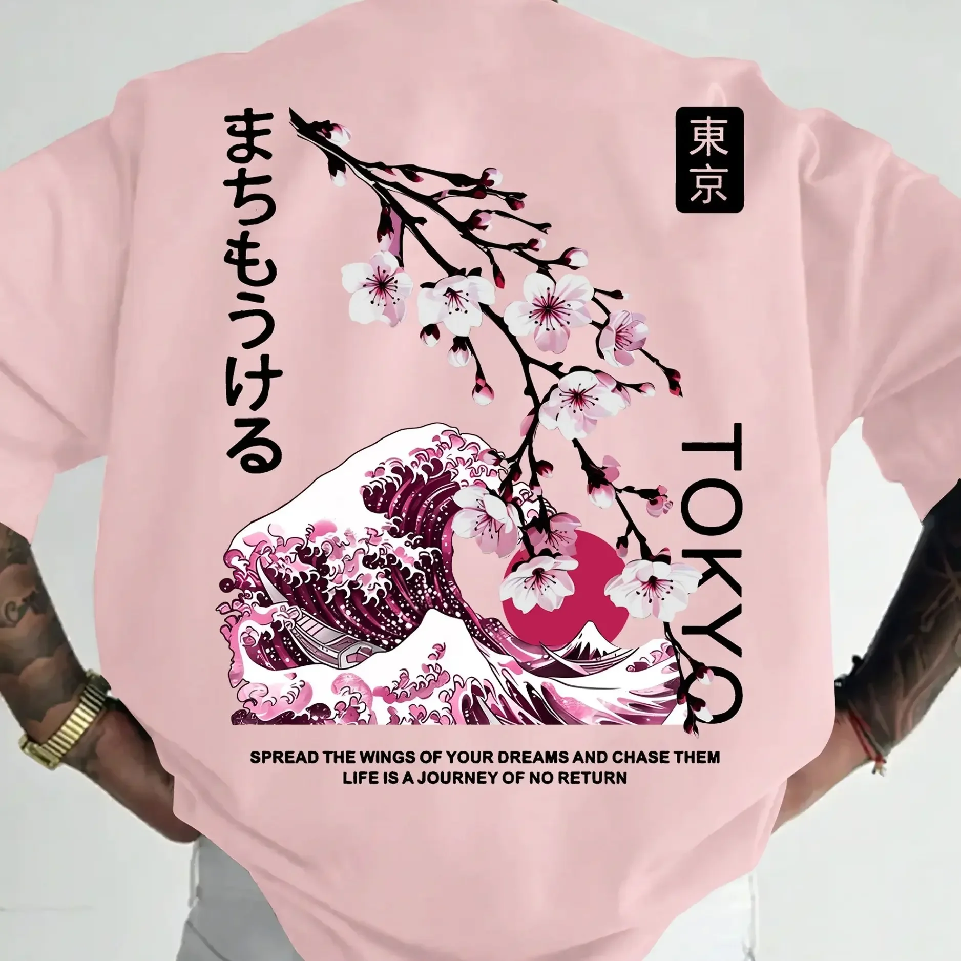 Herren-T-Shirt im Harajuku-Stil mit „Tokyo“-Kirschblüten- und Kanagawa-Muster, weich und atmungsaktiv, 100 % reine Baumwolle, Sommer-Oberteil