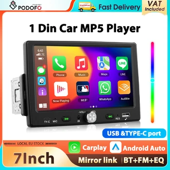 Radio para Auto Universal Podofo con Pantalla Táctil HD de 7 Pulgadas, Carplay, Android Auto, Reproductor MP5 1Din, Bluetooth, FM, EQ, Mirror Link, Reproductor Multimedia USB y Tipo C 1