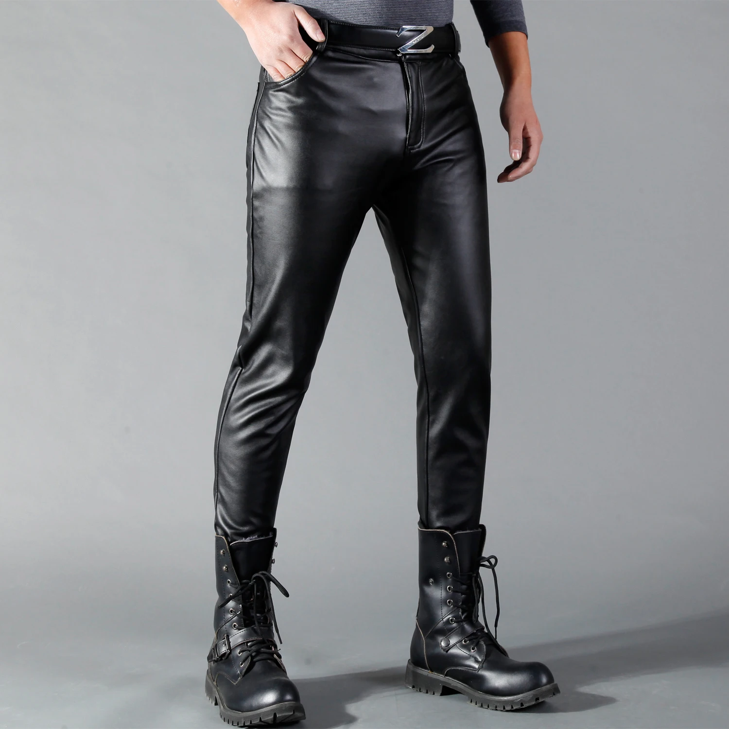 Men Trousers Men's PU Leather Long Pants Vintage Slim Fit Straight Trousers Spring Autumn Casual Streetwear Skinny Pant Male Fashion