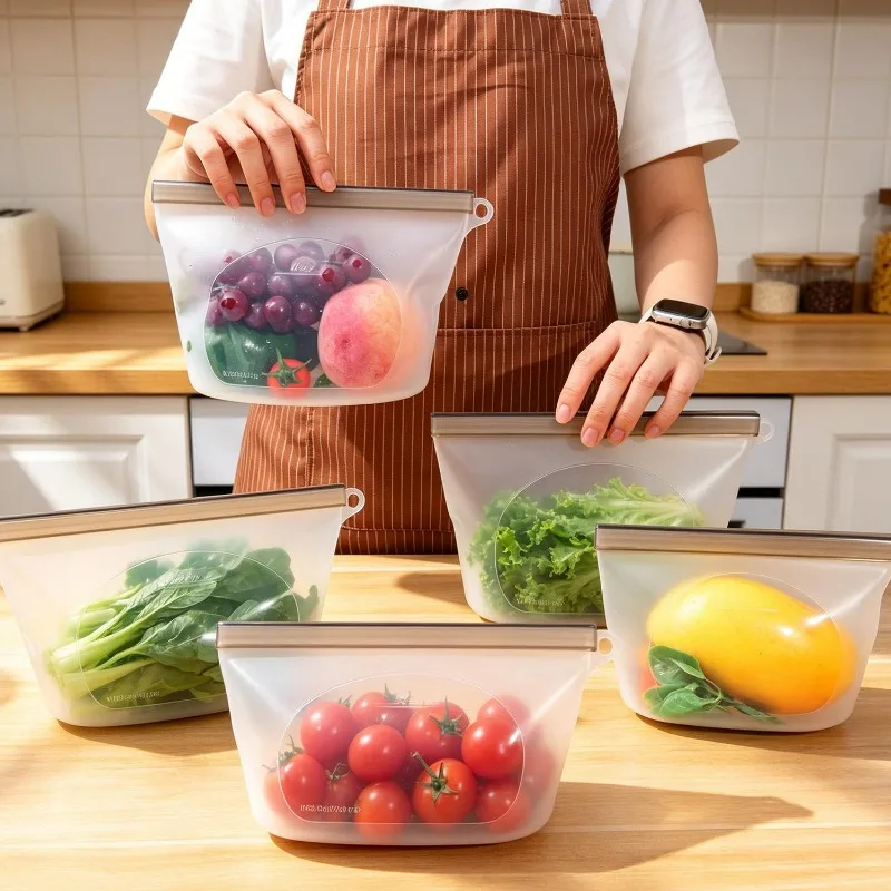 Reusable Airtight Silicone Food Preservation Bags - Food Grade Storage for Vegetables, Liquids, Snacks, and Meats