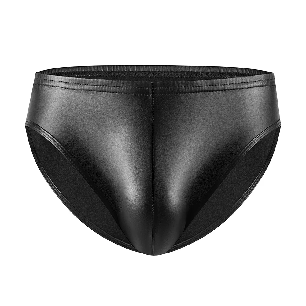 

Men's Sexy Wet Look Lingerie Faux Leather Briefs Bikini Underwear Black Sensual Underpants Hombre U Convex Panties Clubwear