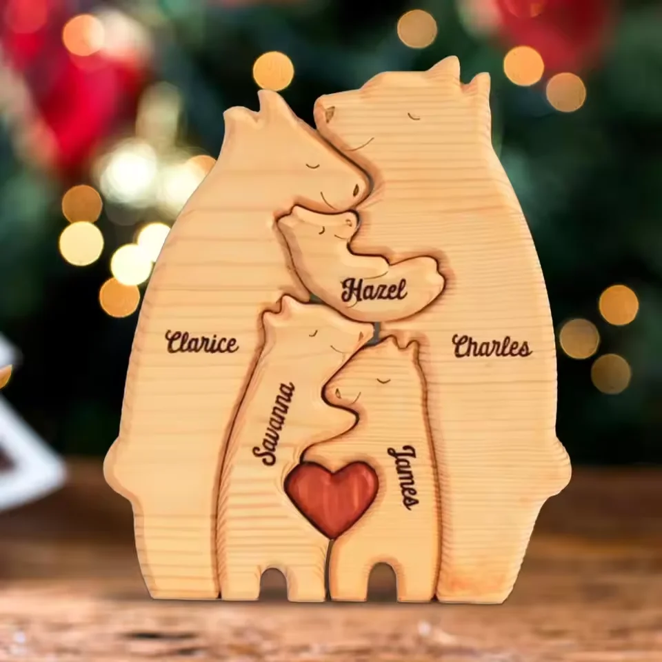 Cozy Bear Family Wooden Sculpture - Handcrafted Desk Decor & Gift Ornament