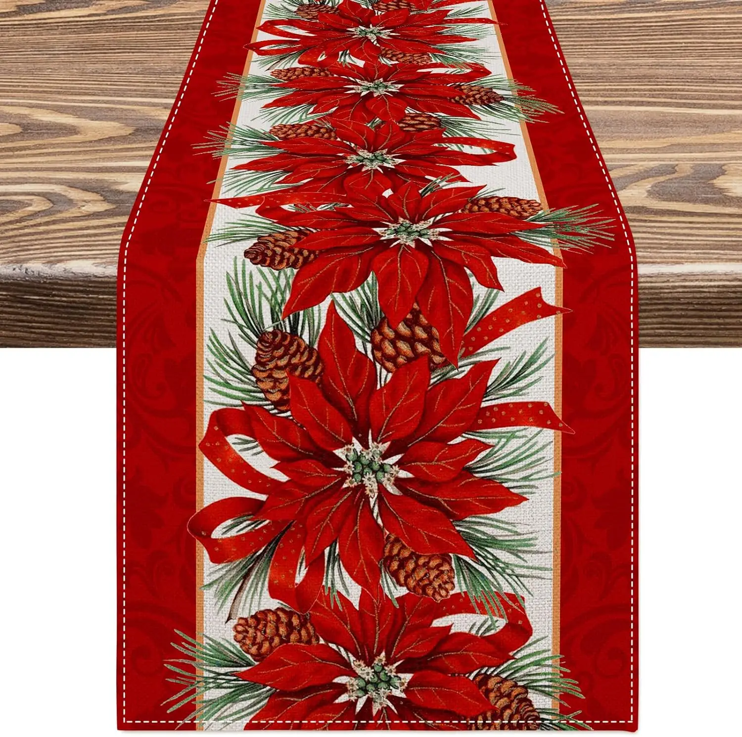 Christmas Poinsettia Red Vintage Linen Table Runners Home Decor Durable Home Kitchen Dining Table Runners Christmas Decorations