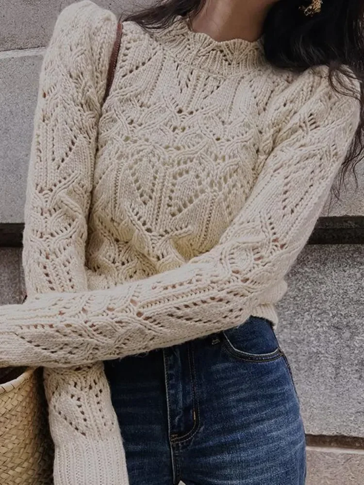 Ropa Mujer Sweater Women Puff Sleeve Knitted Hollow Out Crop Pullovers Autumn Winter Sweet Tops Vintage Chic O Neck Jumper