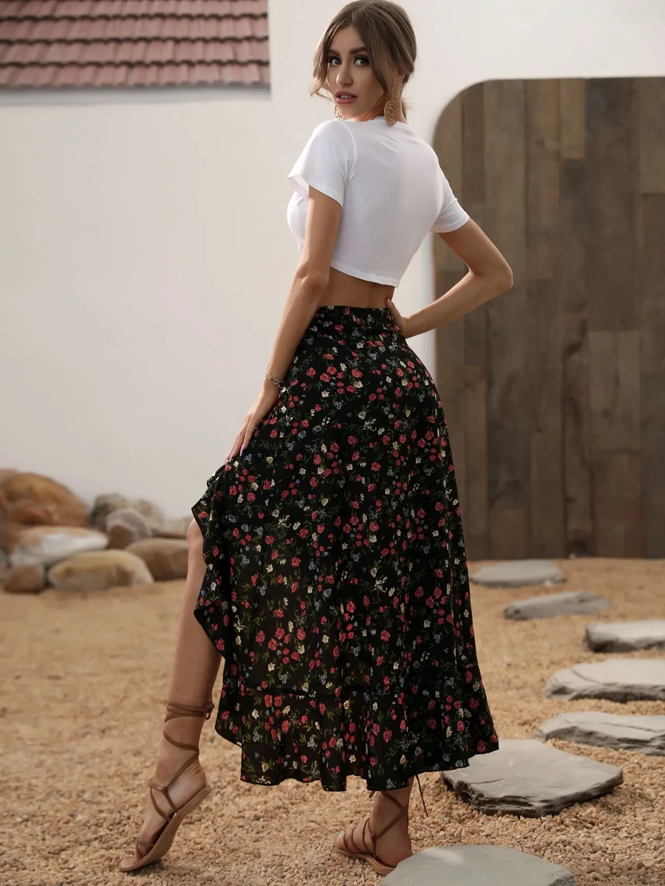 Women's Summer Boho Ruffle Skirt, High Slit Long Regular Fit High Waist Small Flower Print Dress, Casual Beachwear 2