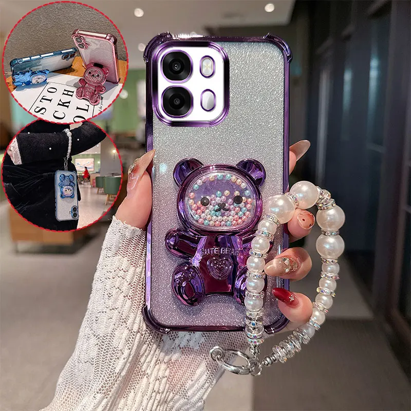 Cute Bear Cartoon Glitter Phone Case with Pearl Lanyard Strap - Shockproof and Stylish