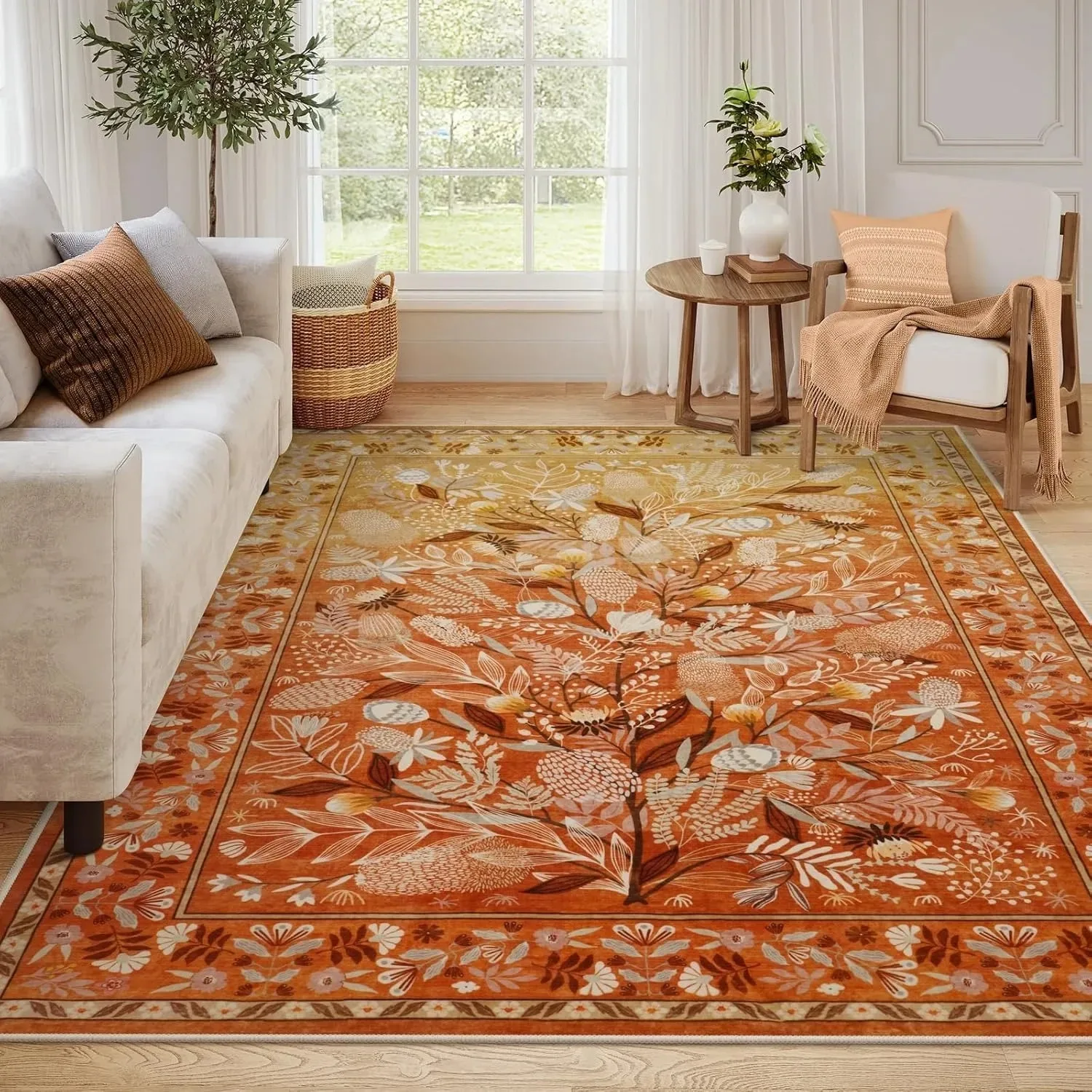 Orange Floral Area Rug 1