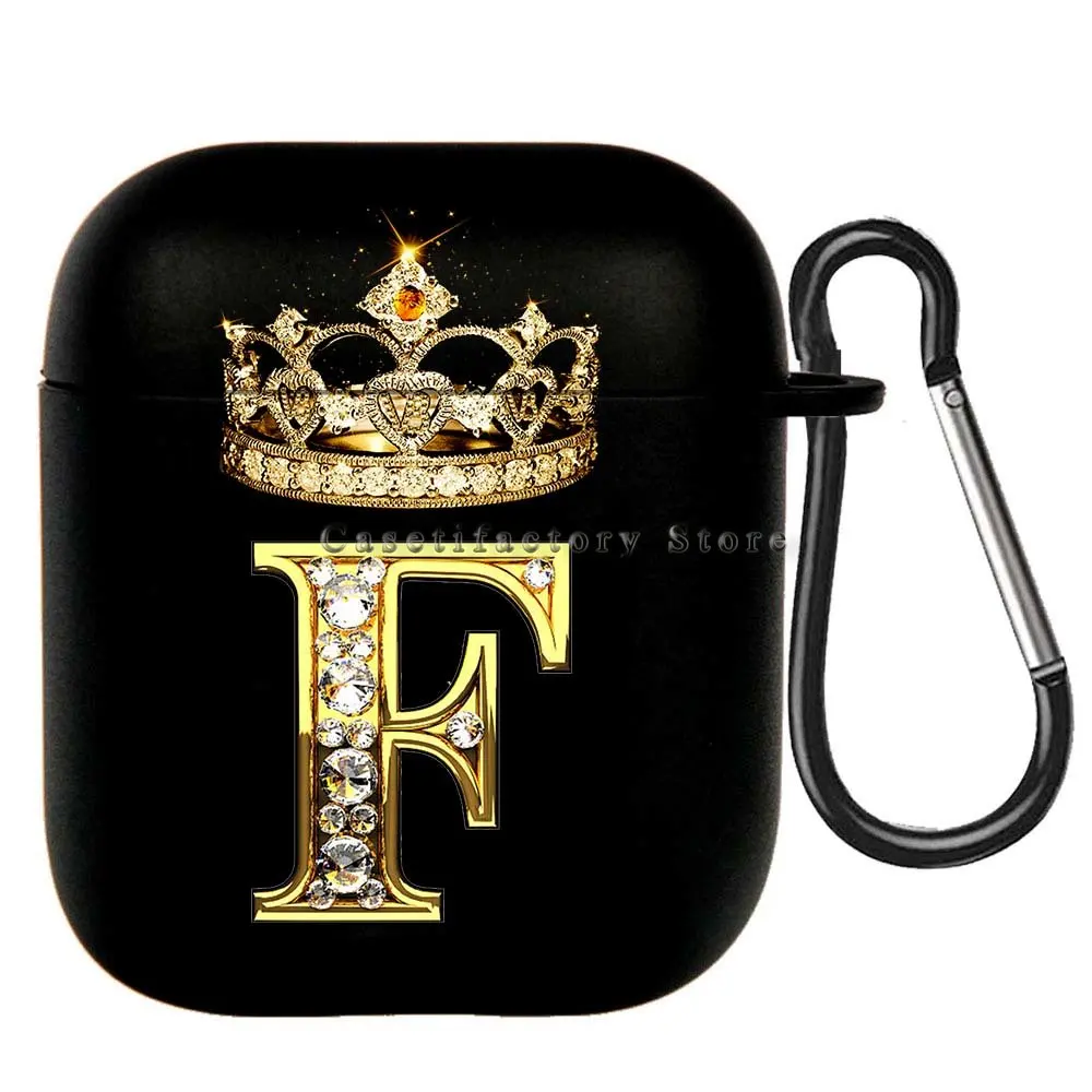 Elegant Diamond Crown Initial AirPods Case - Black Wireless Bluetooth Earphone Cover