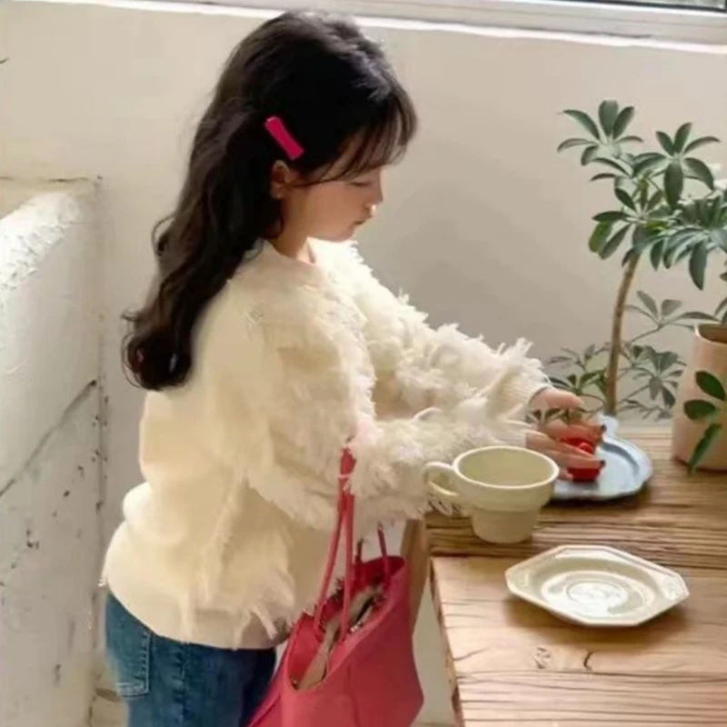 여아용 스웨터 울 코트, 키즈 상의, 뜨게, 보라색, 두껍고 따뜻한 겨울, 가을,  면, 가디건, 아동복, 2023