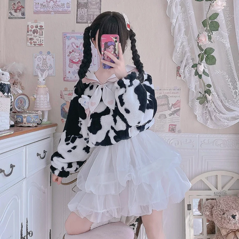 Cow Sweetheart Autumn Winter Lolita Coat Cute Student Cow Plush Sweater Jk Coat Plush Short Goth Dresses Women Lolita