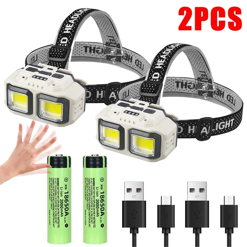 Lot de 2 lampes frontales à LED 18650 COB avec batterie rechargeable