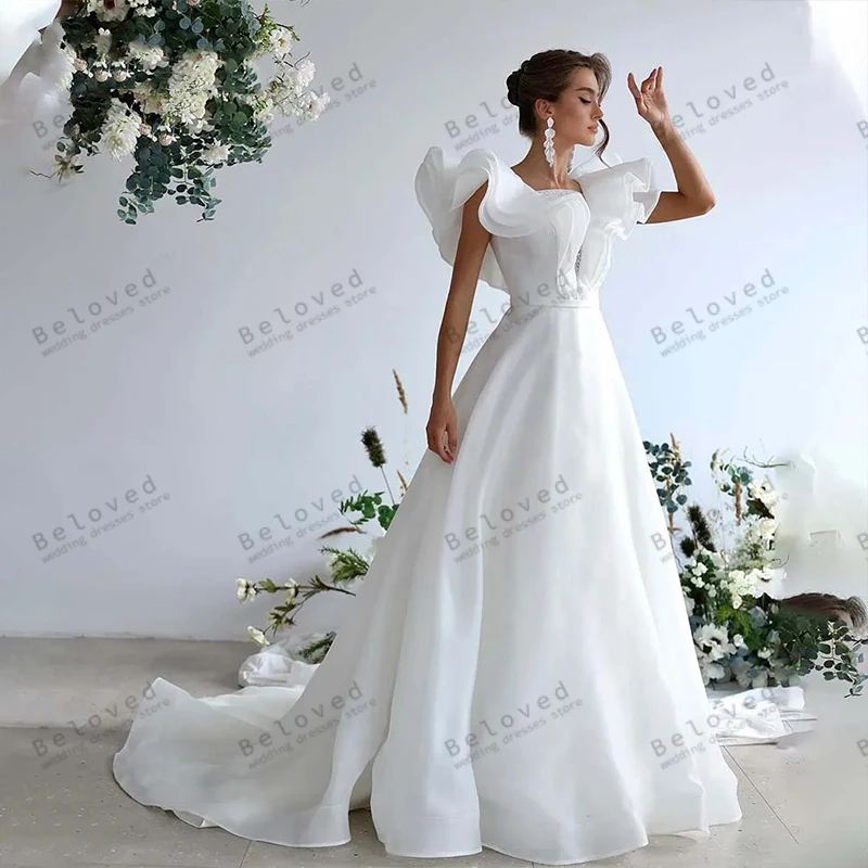 

Simple Wedding Dresses A-Line Satin Tiered Bridal Gowns Flare Sleeves Floor Length Robes For Formal Party Vestidos De Novia 2024