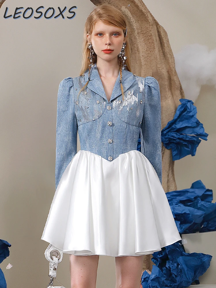 

Elegant Temperament Stitching Denim Dress Spring/Autumn 2024 New Design Sense Rhinestone Fashion Color Contrast High Waist Dress