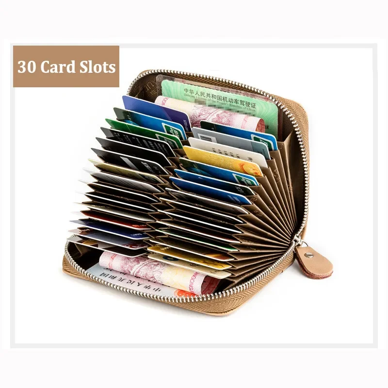 30 Card Slots ID Bank Credit Card Holder Zipper Wallet Women and Men Cards Cases Genuine Leather RFID Bag and Wrist strap