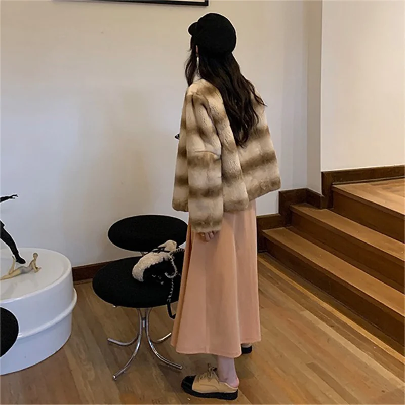 Winter Luxury Winter Fur Coat Ladies New Imported Rex Rabbit Fur Thermal Coat Multi-style Striped Furry Coat