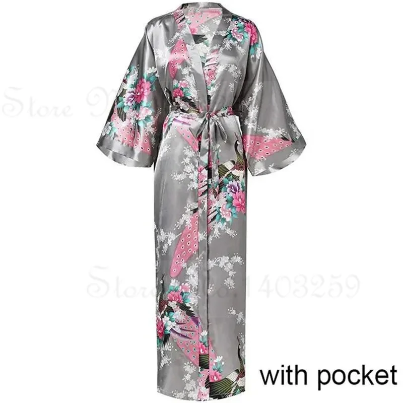 Elegant Satin Kimono Robe with Pockets - Women's Luxurious Loungewear and Bridal Dressing Gown
