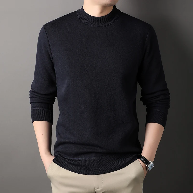 Mens Round Neck Sweater Fleeced Knitwear Solid Color Velvet Jumpers Slim Fit Elegant Luxury Brand Brown Knitted Sweaters 6