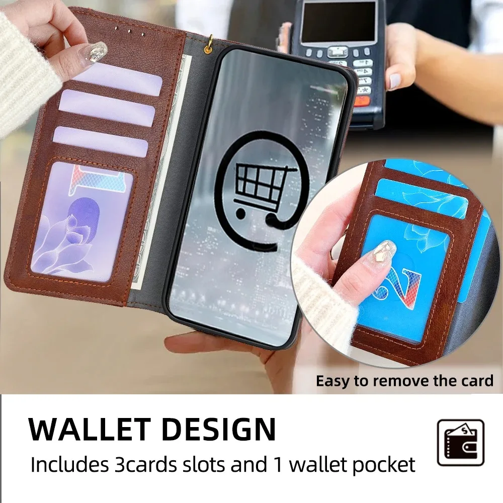 Zipper Flip Wallet Case For Vivo Y17S Y19 Y20i Y20S Y20T 2021 Y21S Y21A Y21T Y21E Y22S Y27S Y30G Y30i Y31 2021 Y31S Stander 4G 2