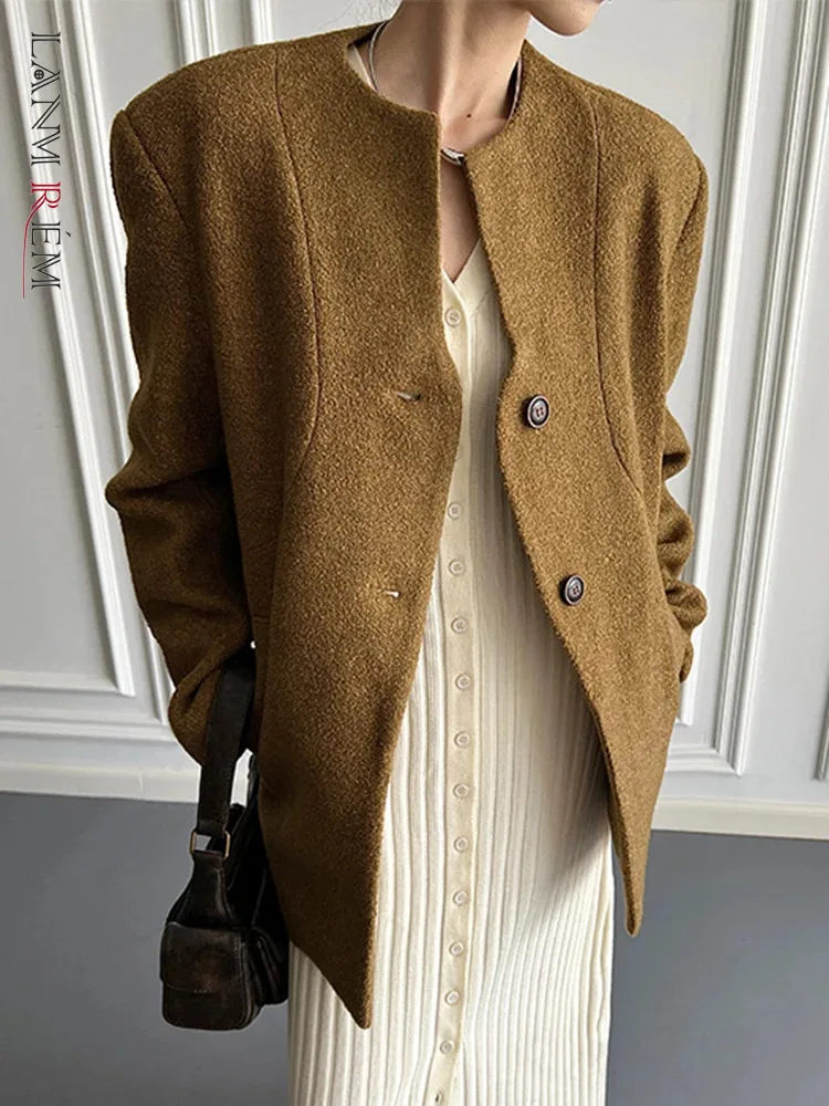 

[LANMREM] Elegant Wool Blazers Blazers For Women Round Neck Single Breasted Long Sleeve Warm Jackets 2023 Winter New 26D7015