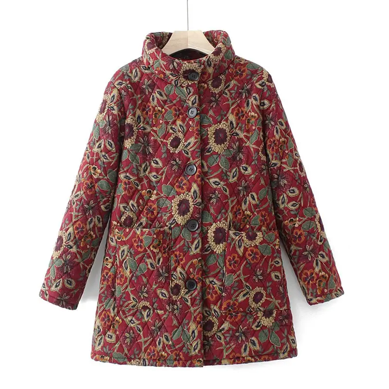 Plush Thickened Cotton Coat Middle-Aged And Elderly Mothers Winter Medium Length Sunflower Printed Oversized Warm Jacket Z3924