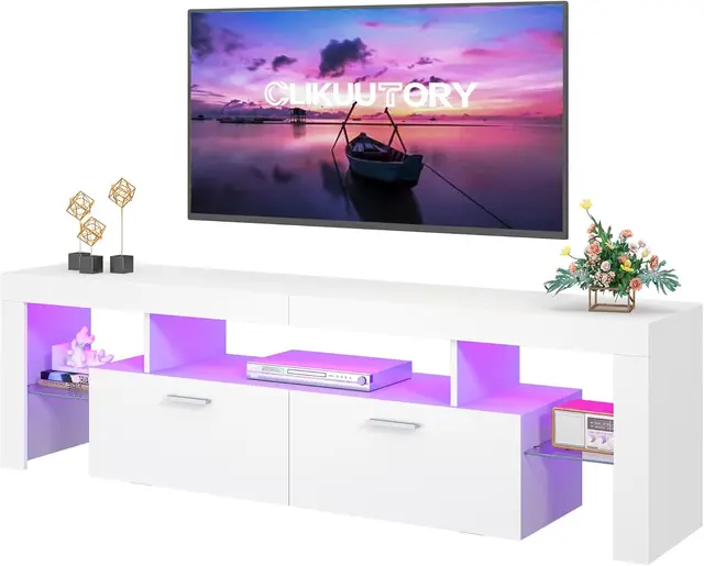 Modern LED TV Stand with Storage Drawers and Adjustable Lights for 50-75 Inch TVs, White Entertainment Center