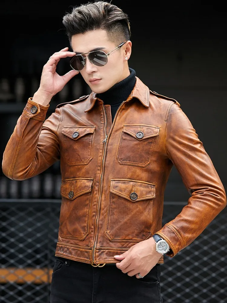 men's genuine leather coats & jackets Natural Sheepskin Jacket Men Slim Fit Business Casual Genuine Leather Cargo Coat Short Vintage Pockets Motorcycle Biker Jacket leather sheepskin jacket