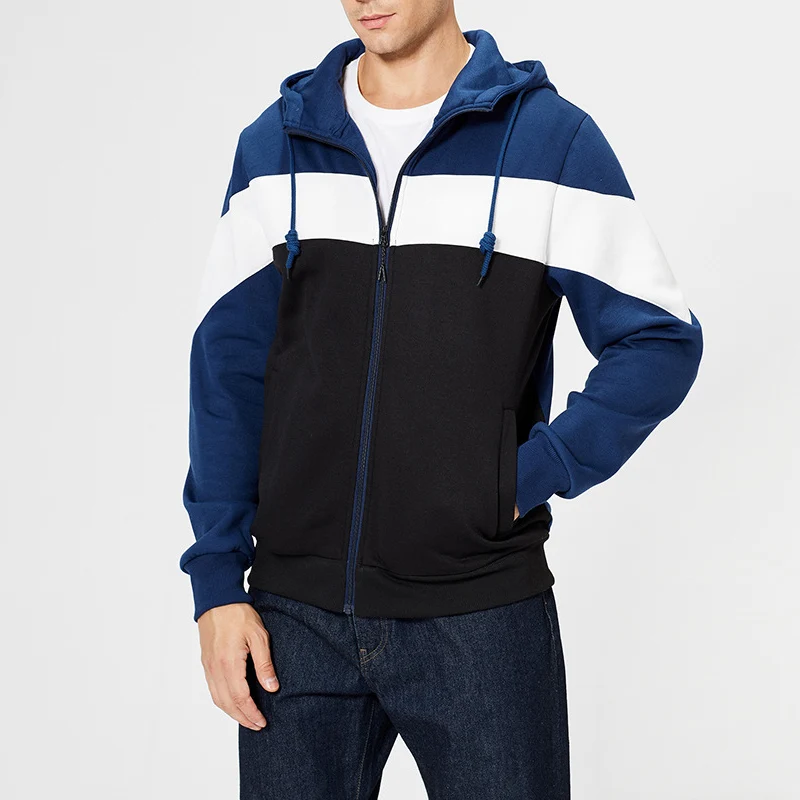 Spring Autumn Contrast Color Fashion Long Sleeve Hoodies Man High Street Casual Zipper Pockets Drawstring All-match Cardigan
