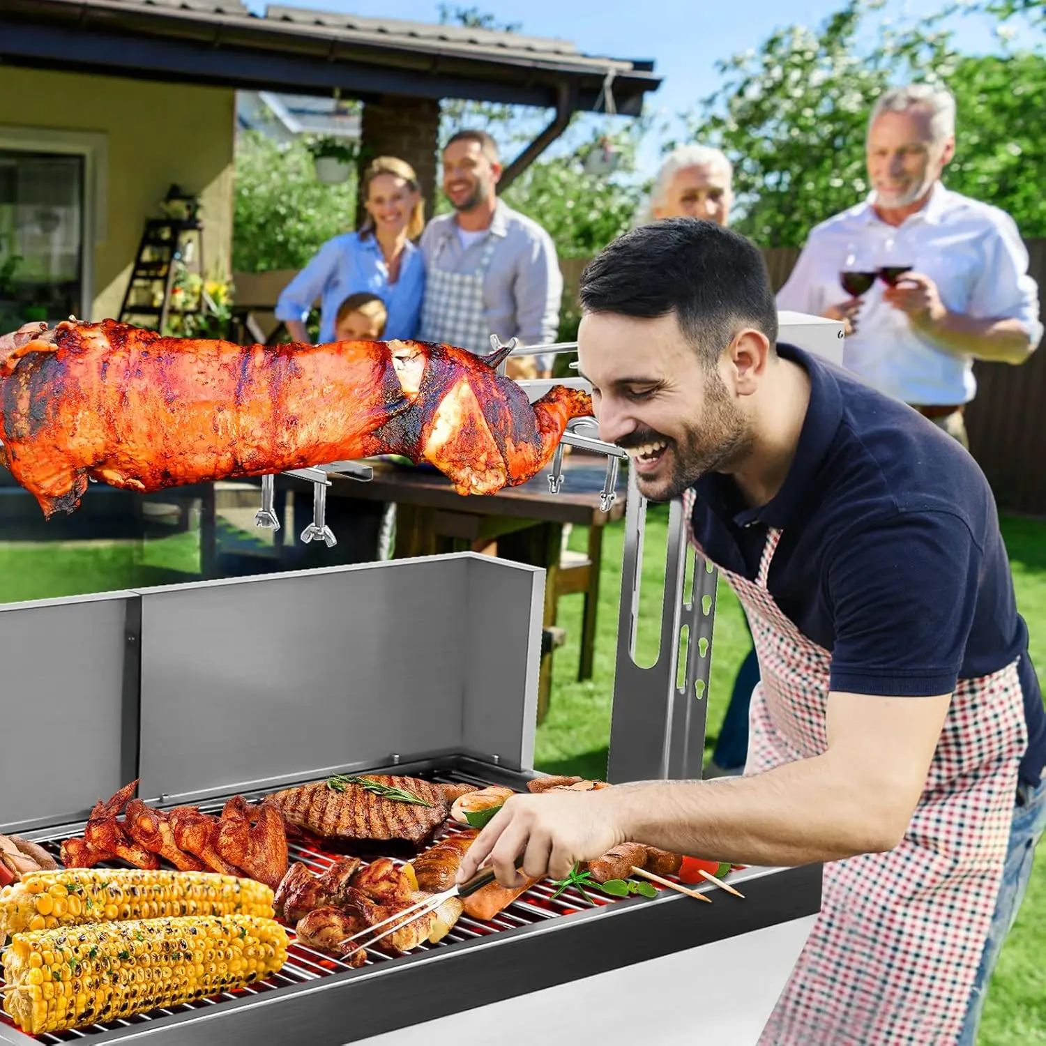 Steel Rotisserie Grill with Back Cover Guard, 25W Motor Small Pig Lamb Rotisserie Roaster, 37'' 2 in 1 BBQ Charcoal Rotisserie G 2