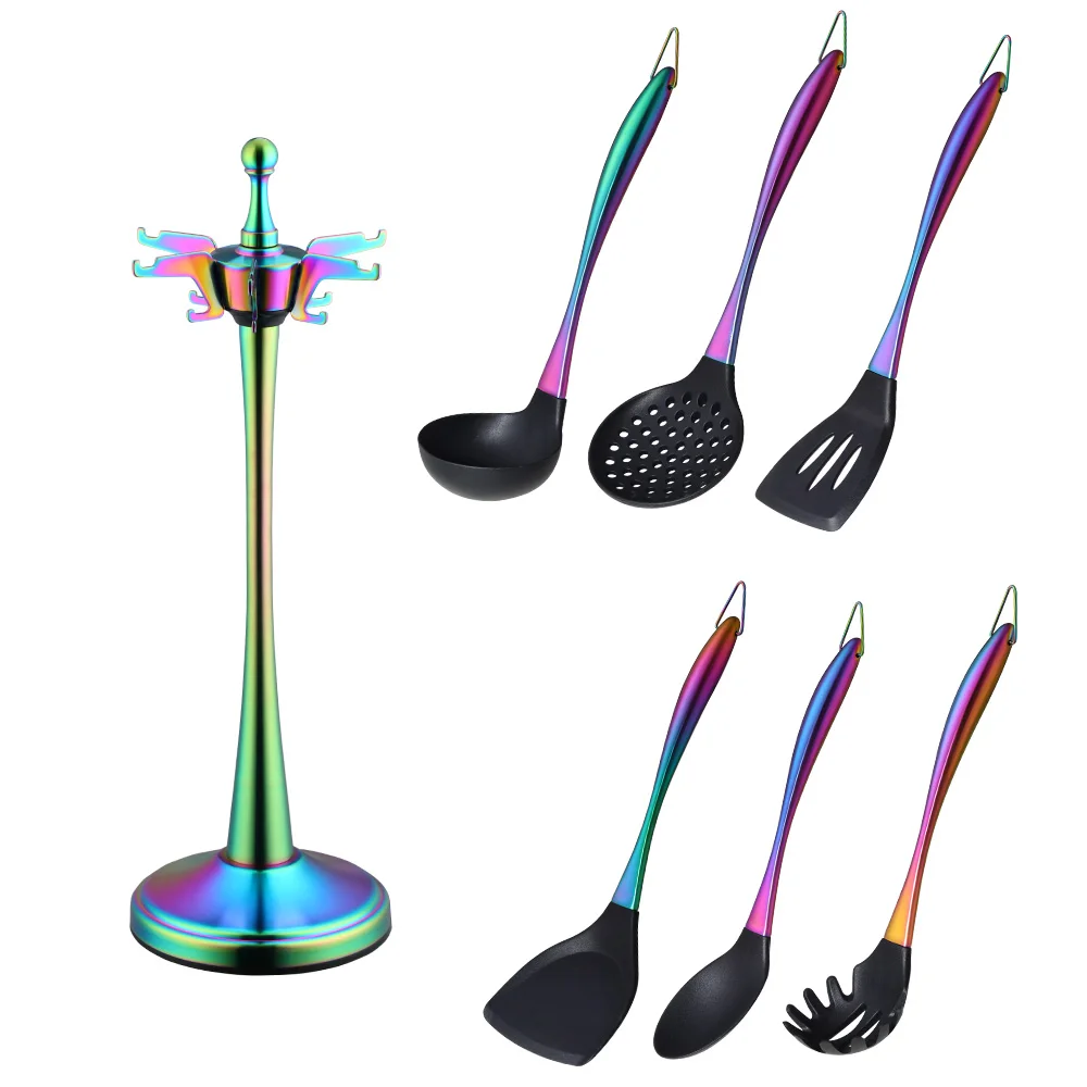 1-13PCS Rainbow Stainless Steel Cooking Kitchen Utensils Set Soup Spoon Turner Spaghetti Server Food-grade Cookware Tools Holder