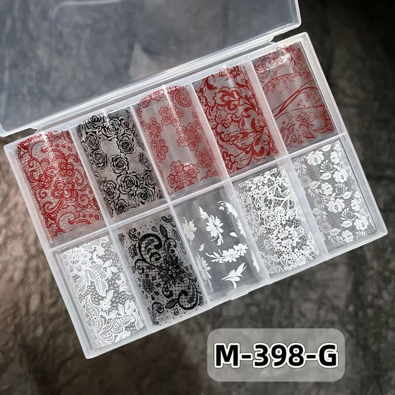 10롤 100CM 혼합 블랙 화이트 레이저 네일 전사지 스티커 세트 섹시 레이스 꽃무늬 네일 스티커 매니큐어 장