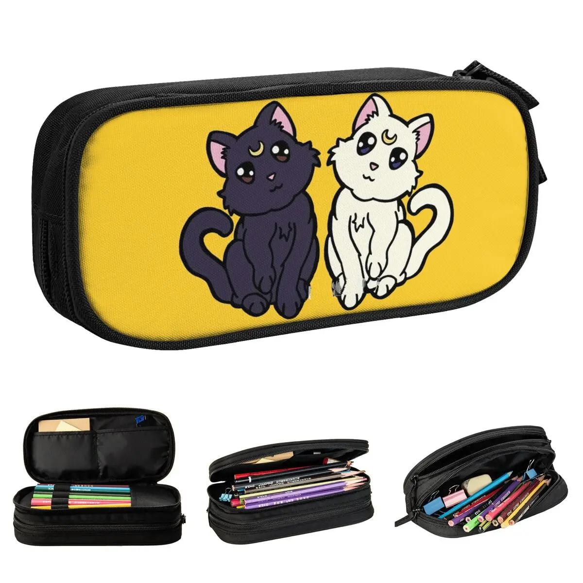 

Large-capacity Pencil Case Luna And Artemis Cute Cats Office Accessories Double Layer Pencil Case Stationery Girl Make Up Bag