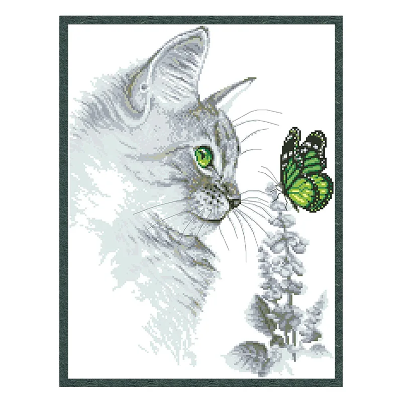 Cross Stitch Kit Cross Stitch Tools Cat and Butterfly Cross Stitch Pattern Kits Unprinte Canvas 11CT 14CT Needlework Sets DIY Animal Embroidery Home Decor Painting