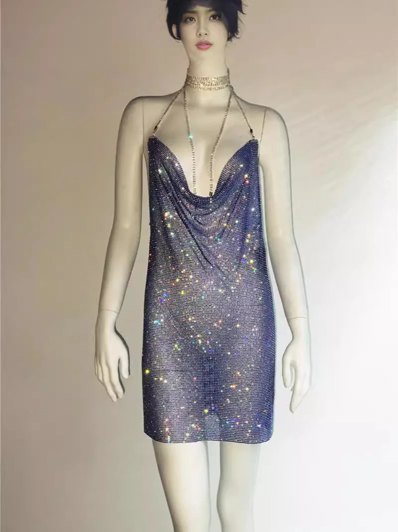 

ZL58 Sexy low-cut rhinestone chain halter neck party dress