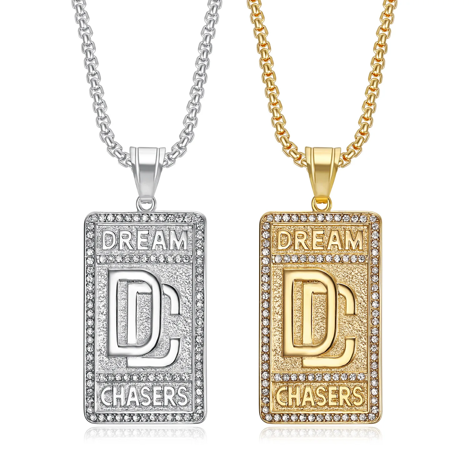 Hip Hop Custom Stainless Steel Gold Crystal Pendant Cubic Zirconia Necklace Men Square Pearl Chain Wholesale 5