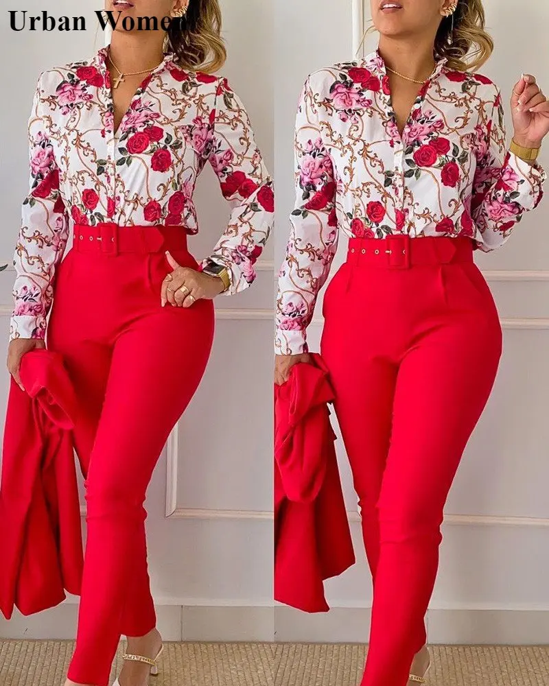 Spring Summer Fashion Floral Two Piece Set Women Office Ladies Printed Shirt Belt Straight Pants Two Piece Set Women