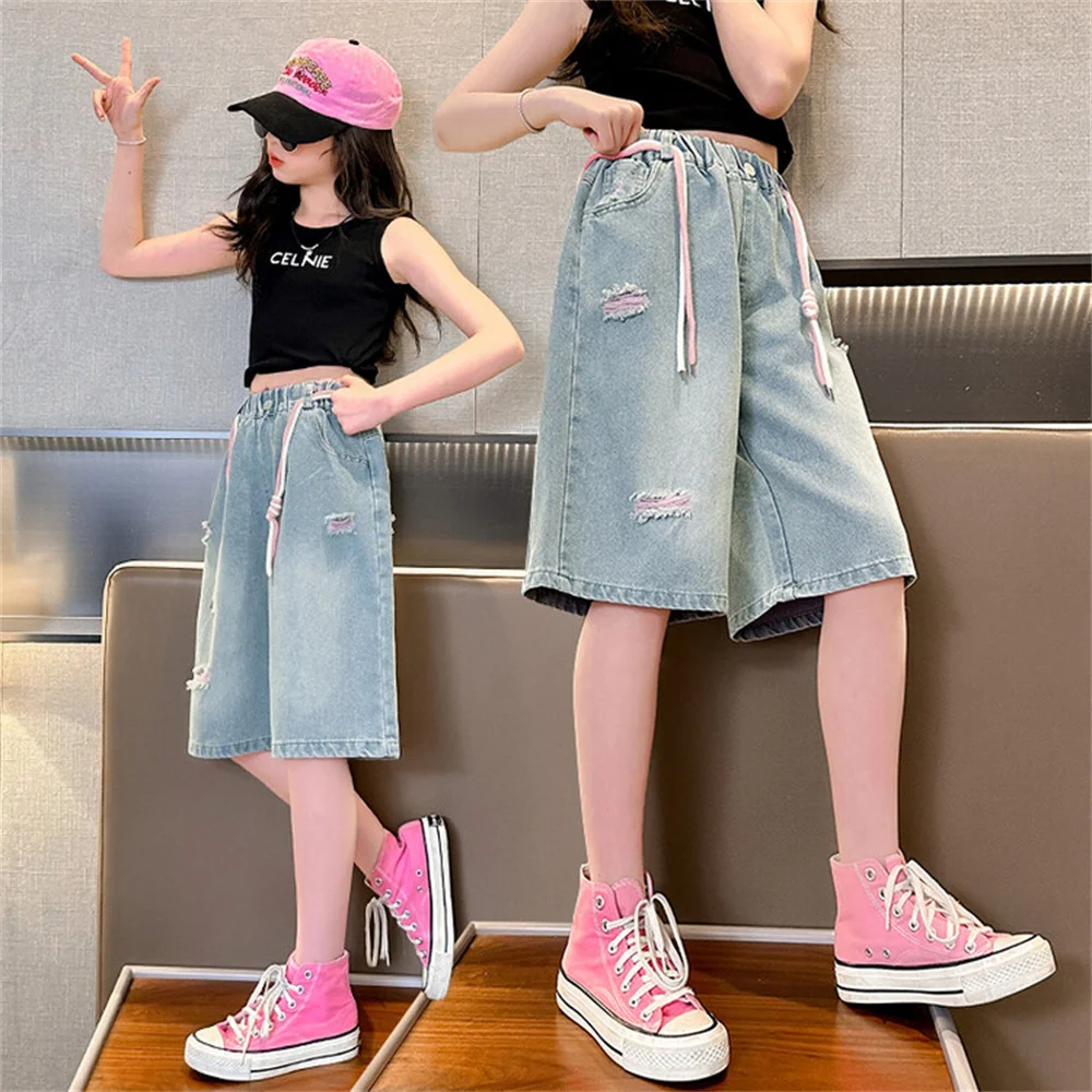 XK321 여름 패션 소녀 청바지, 어린이 데님 반바지, 캐주얼 바지, 어린이 청바지, 소녀 데님 카프리