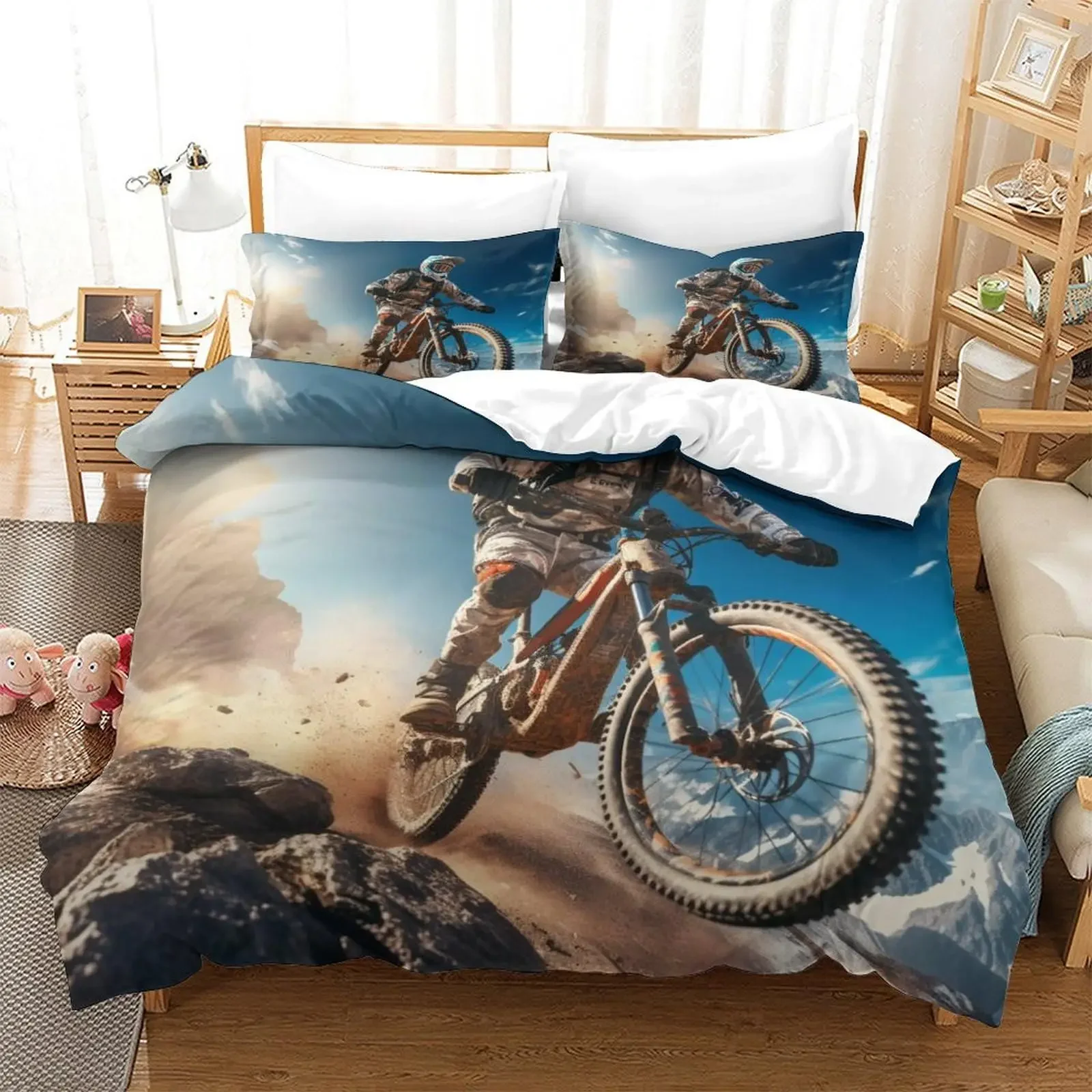 Bicycle Rider Duvet Cover Toddler Size for Kids,Mountain Bike Bedding Set for Teens Adults,Watercolor Quilt Cover