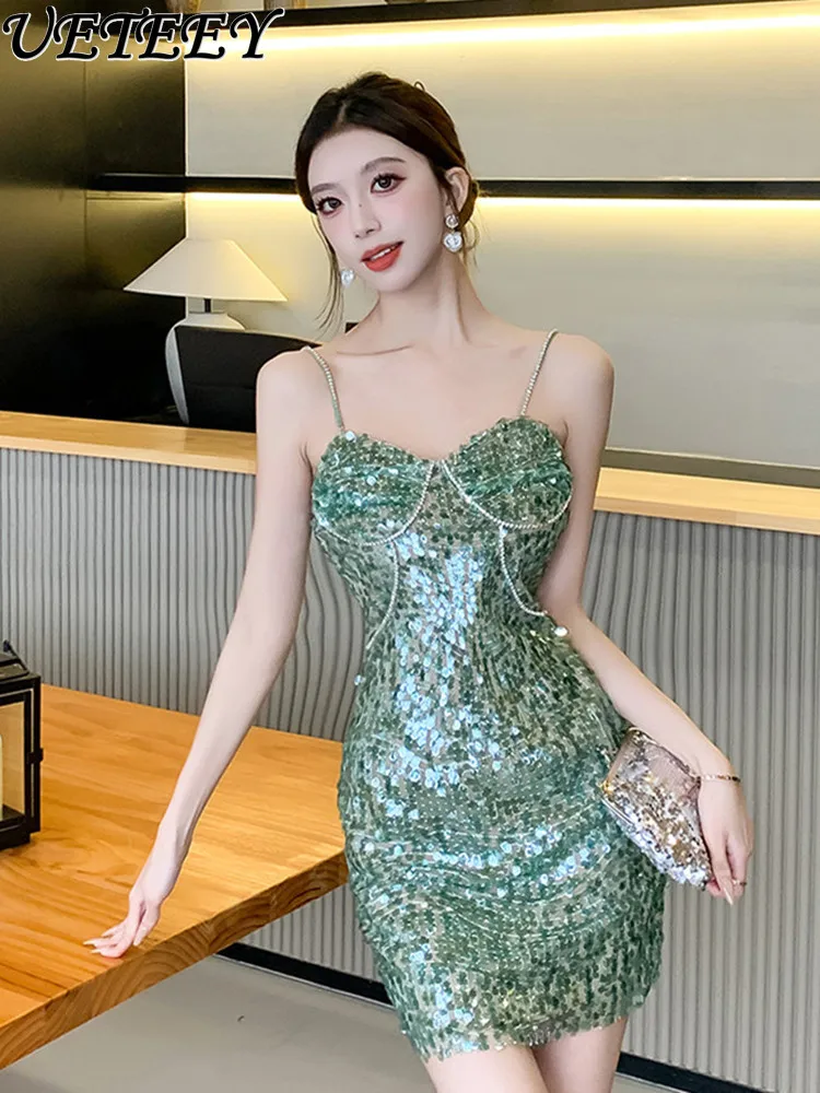 

Socialite High-End Heavy Industry Rhinestone Sequins Sling Short Dress Sexy Backless Birthday Dinner Hip Dresses for Women