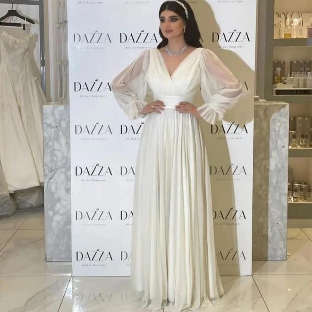 

Carolina Deep V-Neck Backless Evening Dresses Women Saudi Arabia Chiffon White A-Line Wedding Guest Elegant Formal Party Gowns